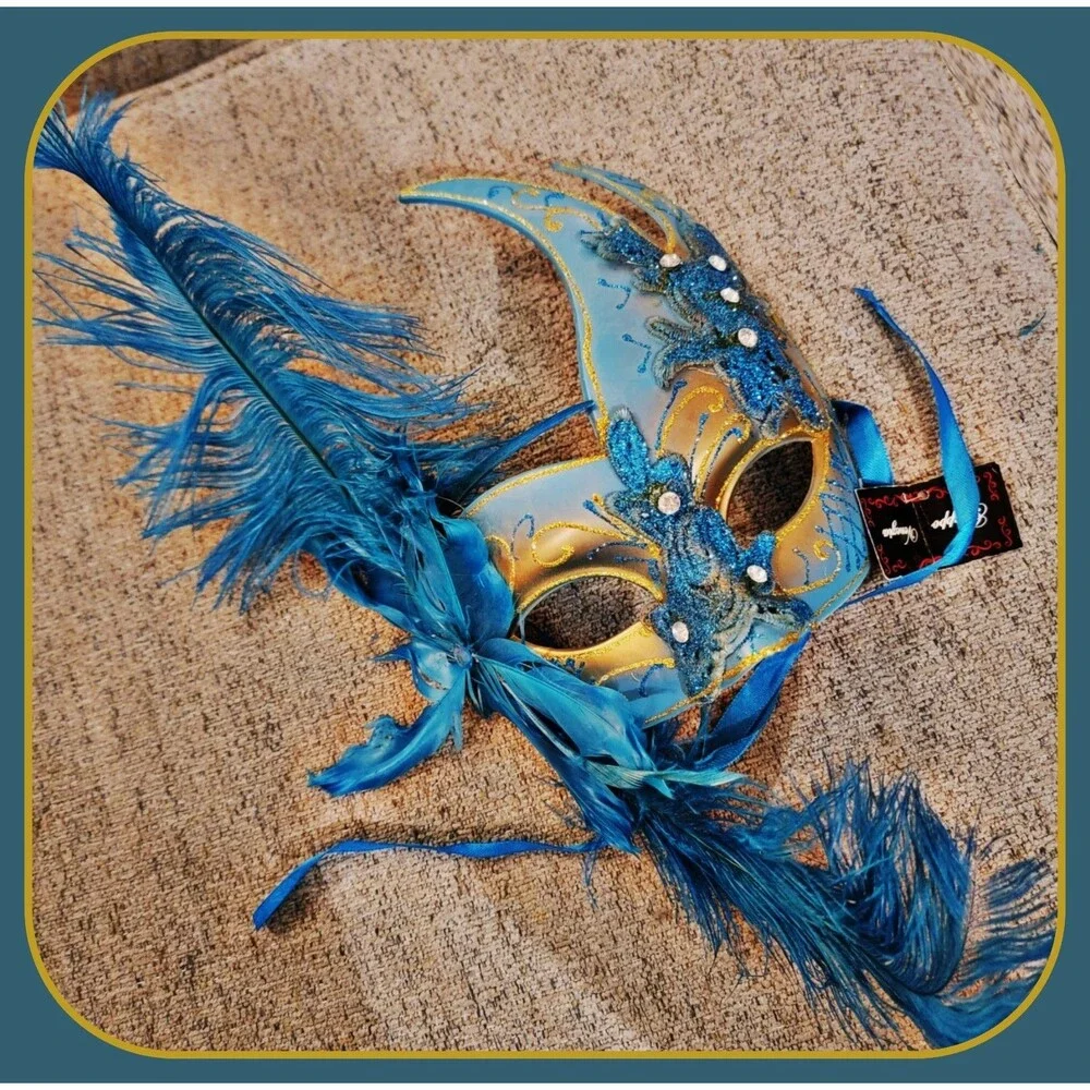 Stunning Venetian Blue & Gold Feathers Masquerade Mask Gruppo Venezia #NWT Italy